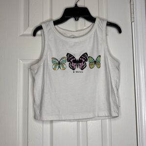 O’Neill Crop Tank Top M White Butterfly Graphic Sleeveless Shirt Summer Beach